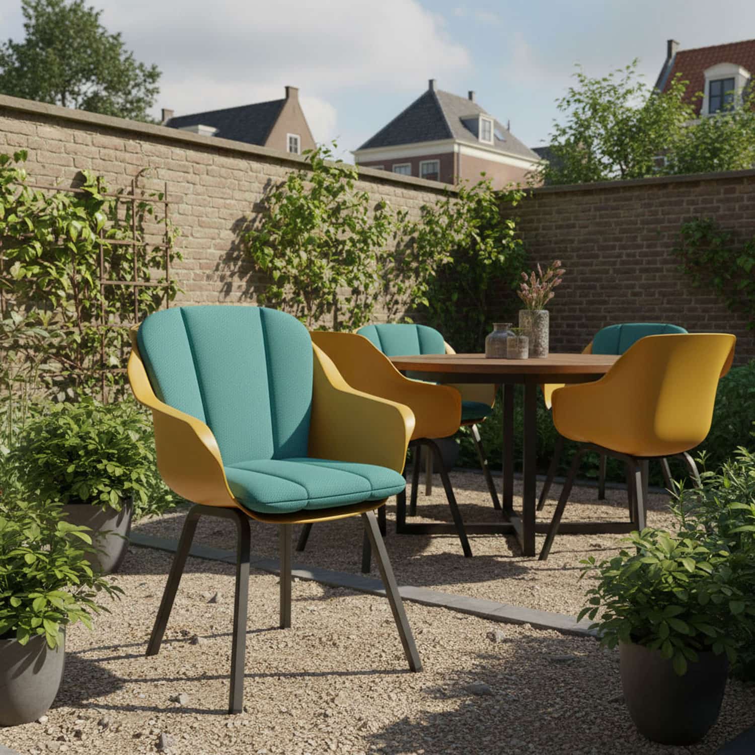 Kuipstoel met kussen lage rug in een tuin - Ribera twist turquoise (waterafstotend)