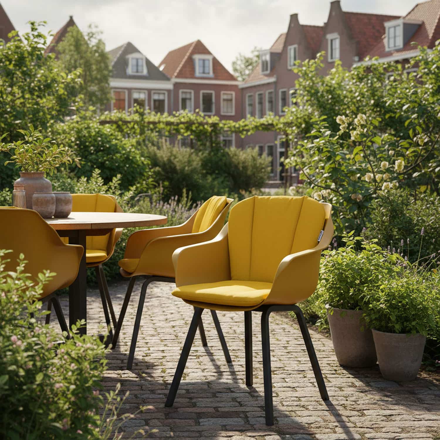 Kuipstoel lage rug met kussen in tuin - Ribera warm yellow (waterafstotend)