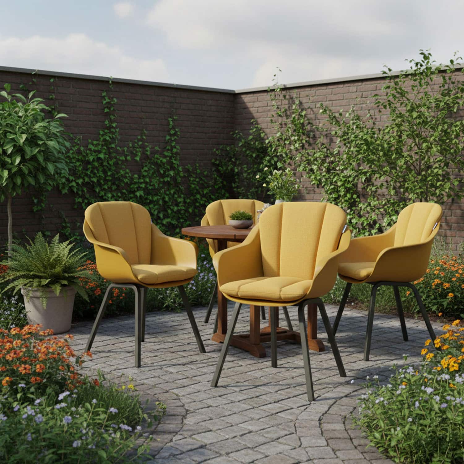 Kuipstoel lage rug met kussen in tuin - Ribera twist yellow (waterafstotend)