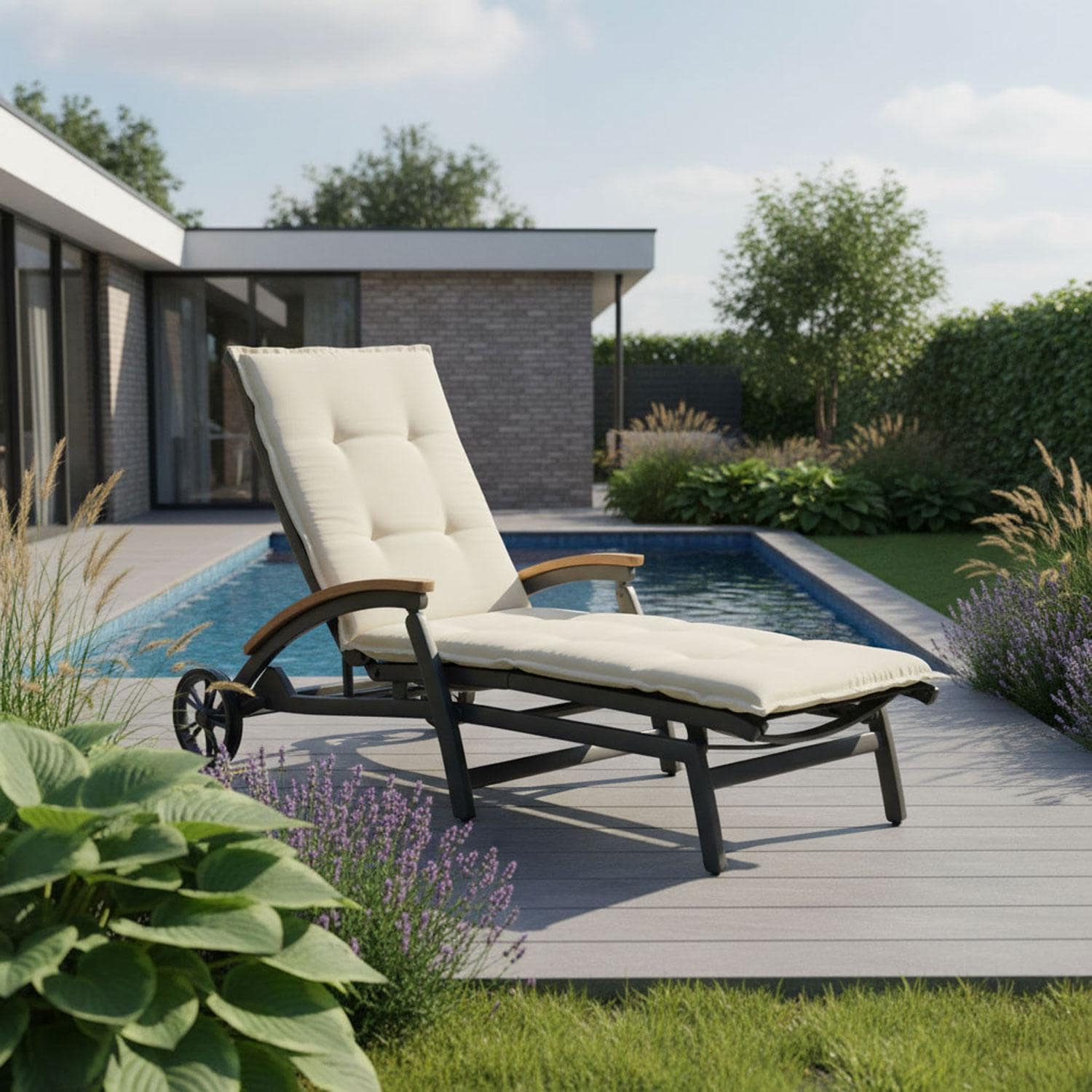 Ecru ligbedkussen op metalen ligbed in tuin - 205x60cm - Pedro sand (waterafstotend)