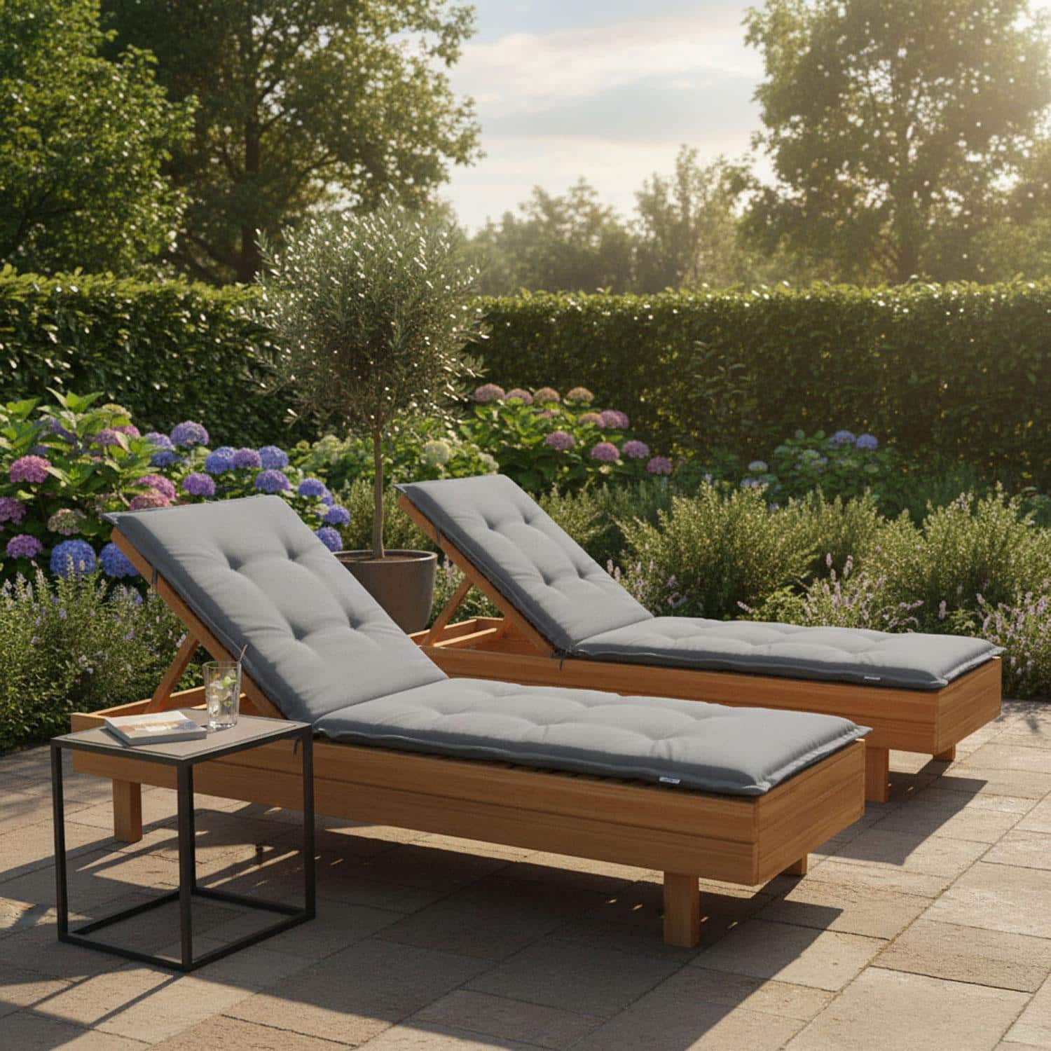 Ligbedkussen in houten ligbed 205x60cm in tuin - Ribera anthracite (waterafstotend)