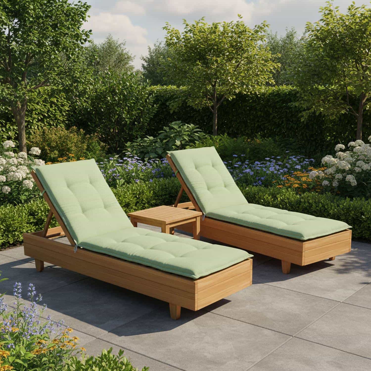 Houten ligbed met ligbedkussen 205x60cm in tuin - Ribera twist green (waterafstotend)