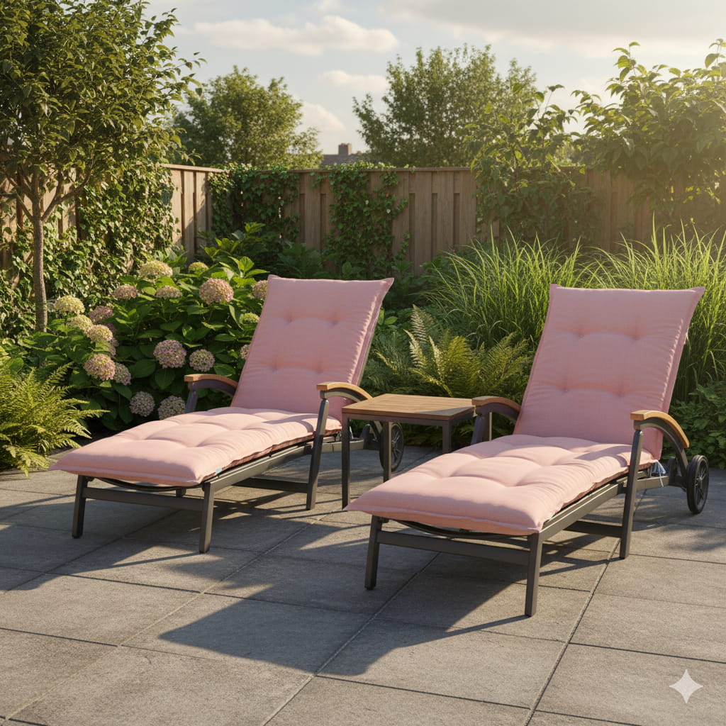 Metalen ligbed met ligbedkussen 205x60cm in tuin - Ribera twist rose (waterafstotend)