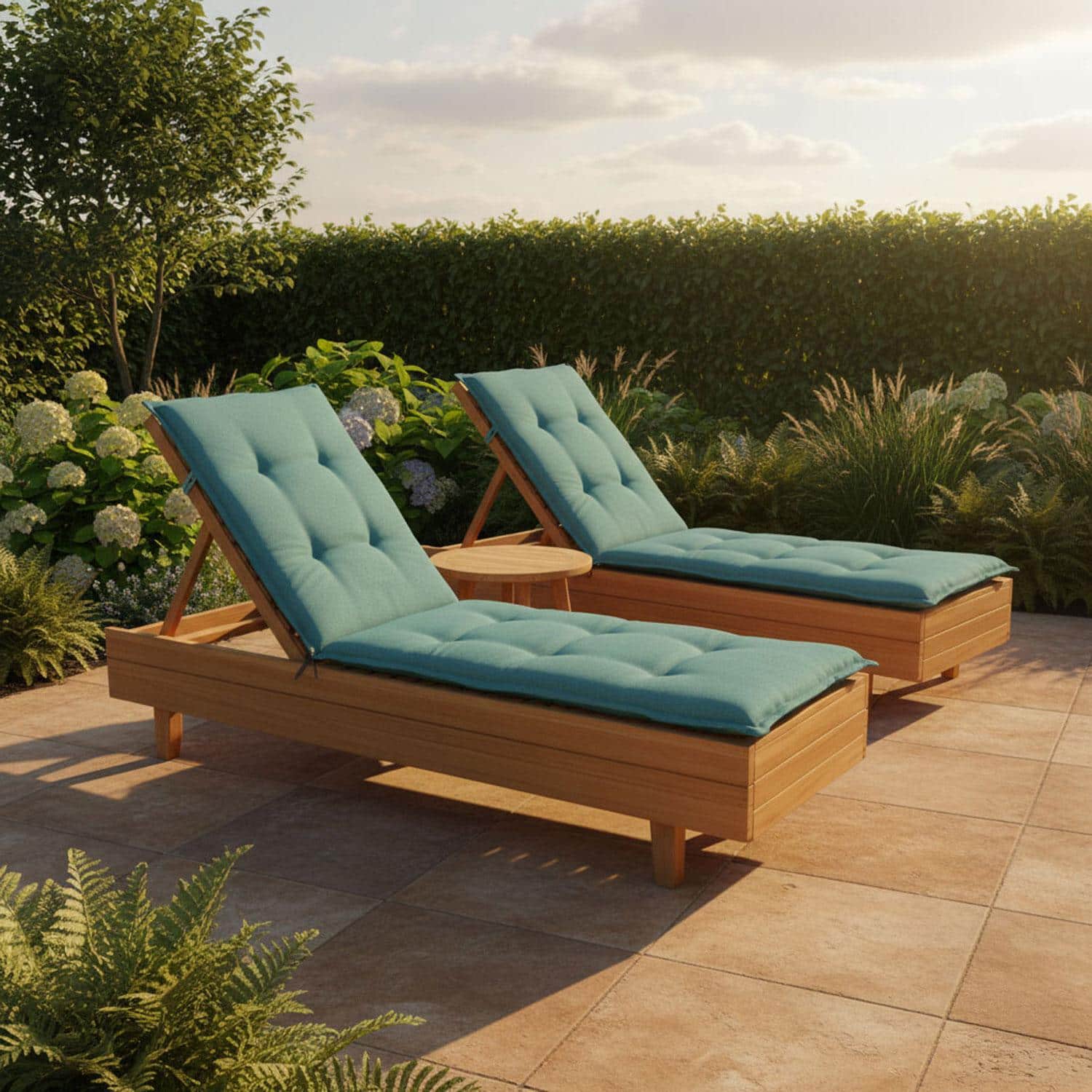 Houten ligbed met ligbedkussen 205x60cm in tuin - Ribera twist turquiose (waterafstotend)