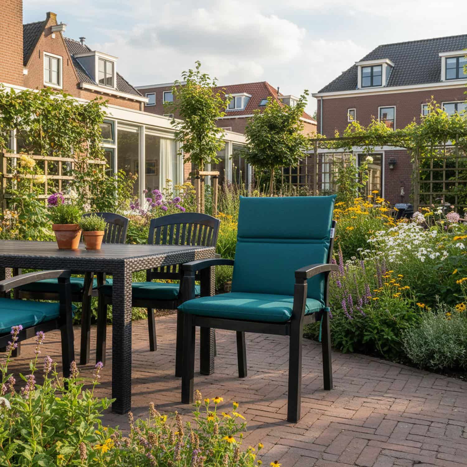 Groen tuinkussen in stapelstoel in een tuin - Ribera petrol (waterafstotend)