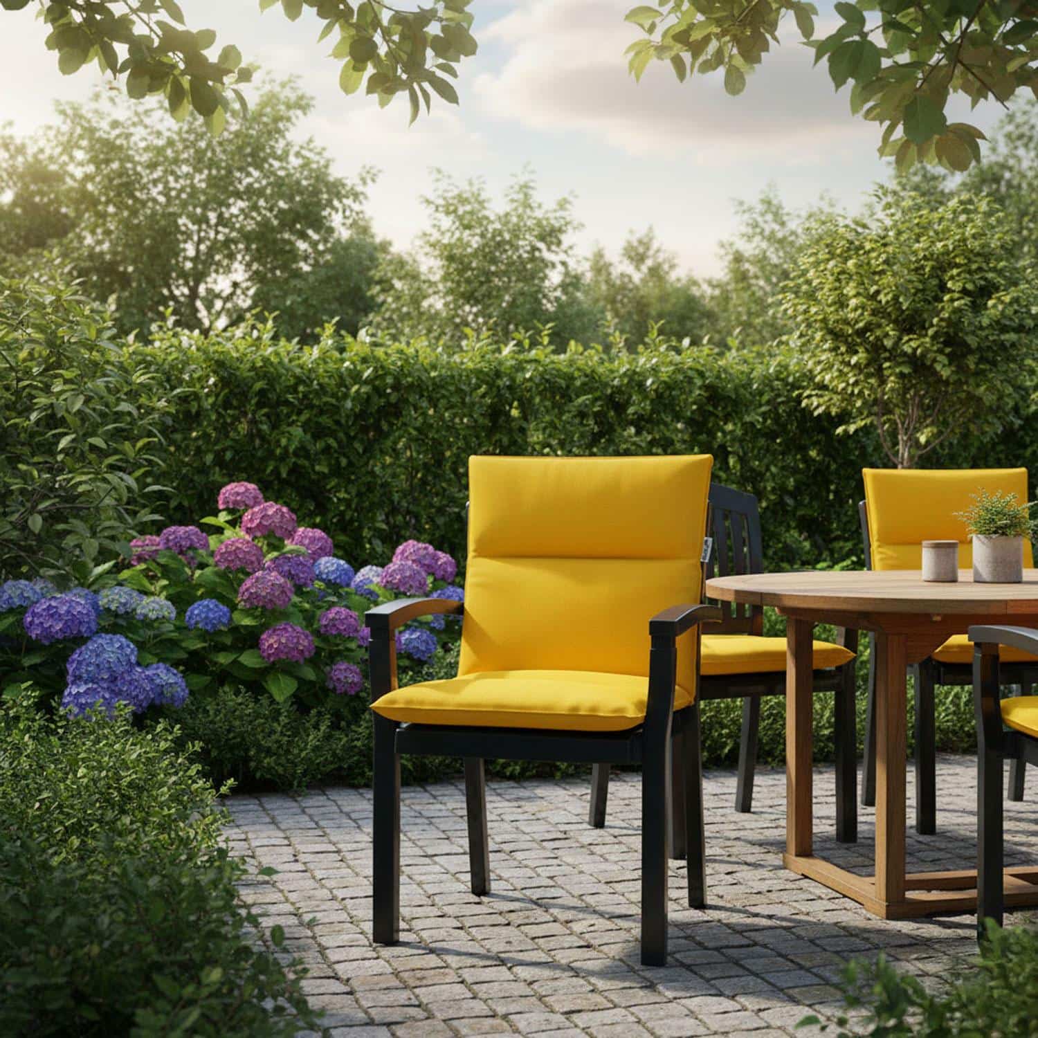 Geel tuinkussen in stapelstoel in een tuin - Ribera warm yellow (waterafstotend)