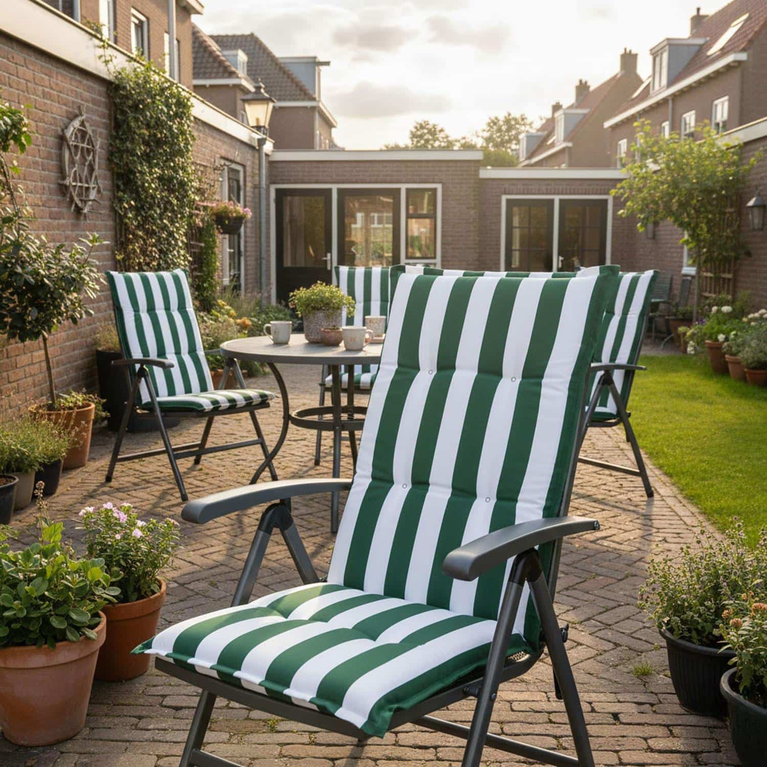 Groen wit gestreept tuinkussen met hoge rug in tuinstoel  - Carlos green