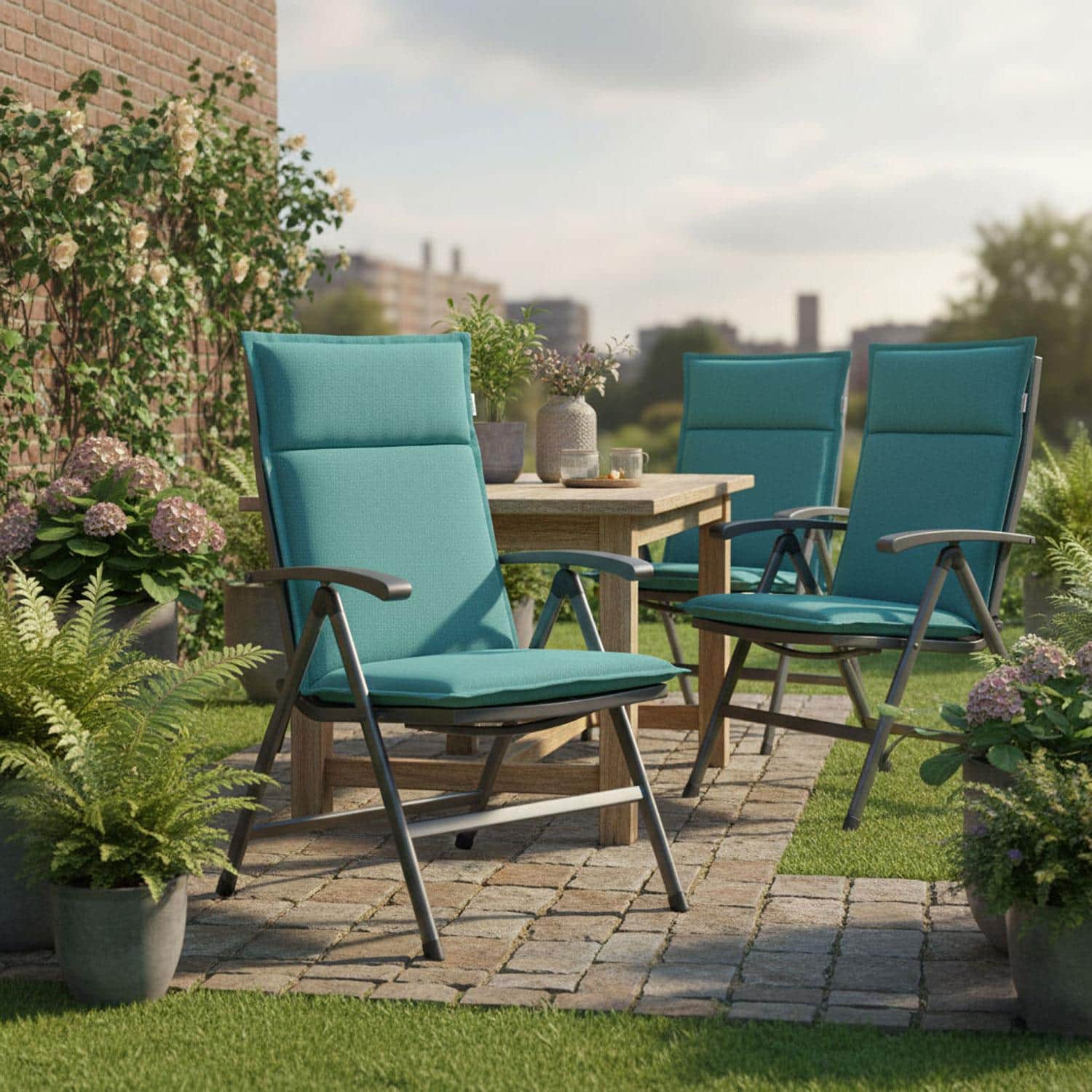 Tuinkussen hoge rug turin - Ribera twist turquoise (waterafstotend en afritsbaar)